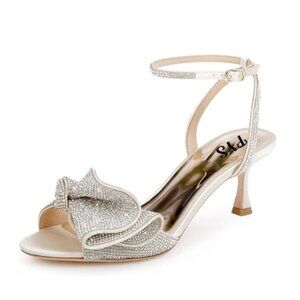 FYS Women Cute Rhinestones Bow Peep Toe Low Kitten Heel Ankle Strap Sandals Sati